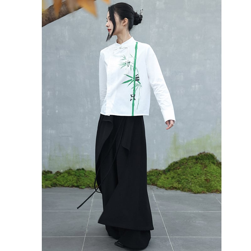 [Da Qinglong Shu Series] ★Chinese style tops★ Shirt, long sleeve shirt, bamboo panda print, white, white