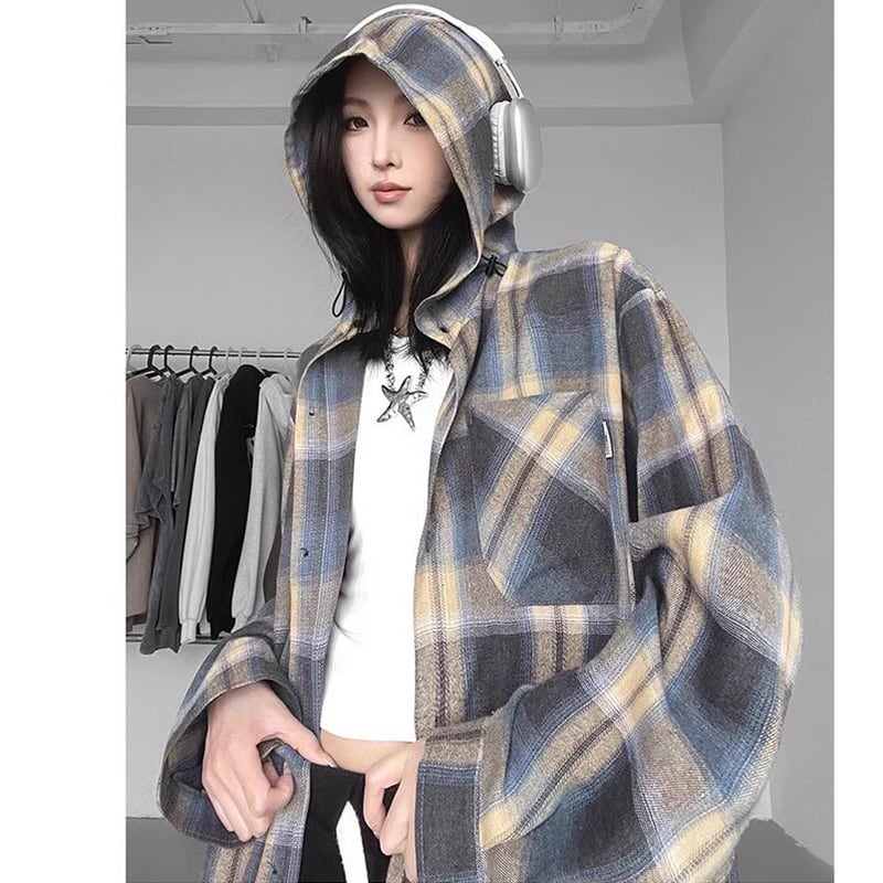 [CHAOMEICHEN Series] ★Outer★ 2color Shirt Outer Hood Plaid Pattern Unisex Men's Brown Blue