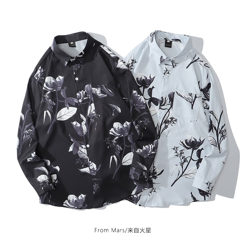 [BCBGH Series]★China style shirt★ 2color tops long sleeve shirt unisex men's ink pattern white black