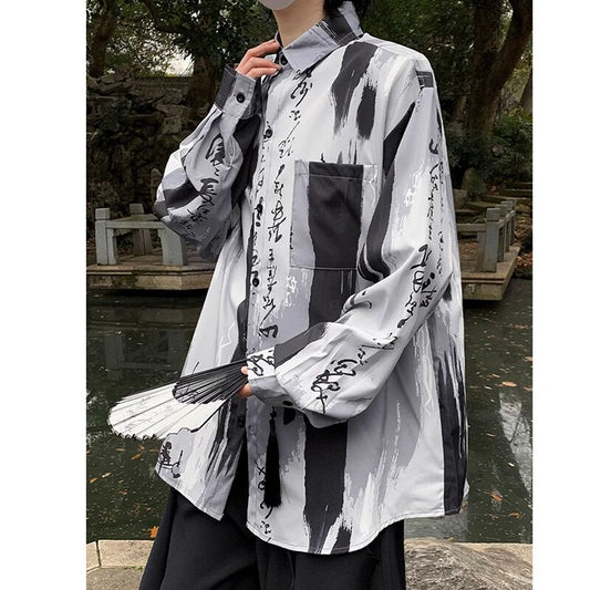 [PPG Series]★China style shirt★ Tops, long sleeve shirt, letter pattern, kanji pattern, unisex, men's, easy to match