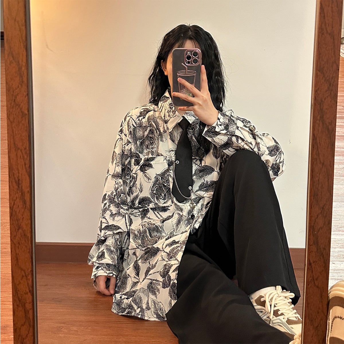 ✿New item! [UATONLINE Series]★Shirt★ 2color Shirt with tie, long sleeve shirt, floral pattern tops, unisex, men's print, ink pattern