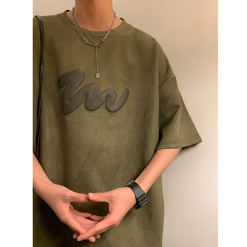 [TUOFEI Series]★T-shirt★ 3color Tops Unisex Men's Short Sleeve Suede Green Black Beige