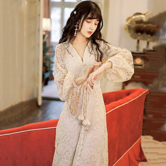 [GYBN Series] ★One Piece★ Lace V-neck Improves Temperament Retro Apricot Long Length Party