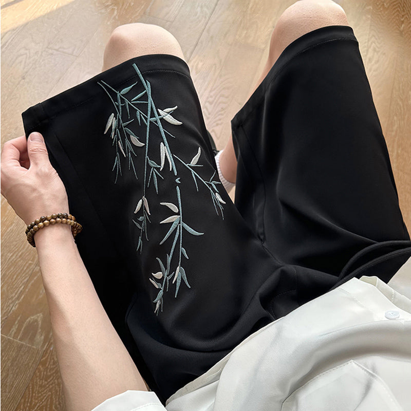 [BIGEMAN Series] ★Chinese-style pants★ 2 colors Embroidered bamboo shorts Bottoms Short pants Unisex Men's Black White