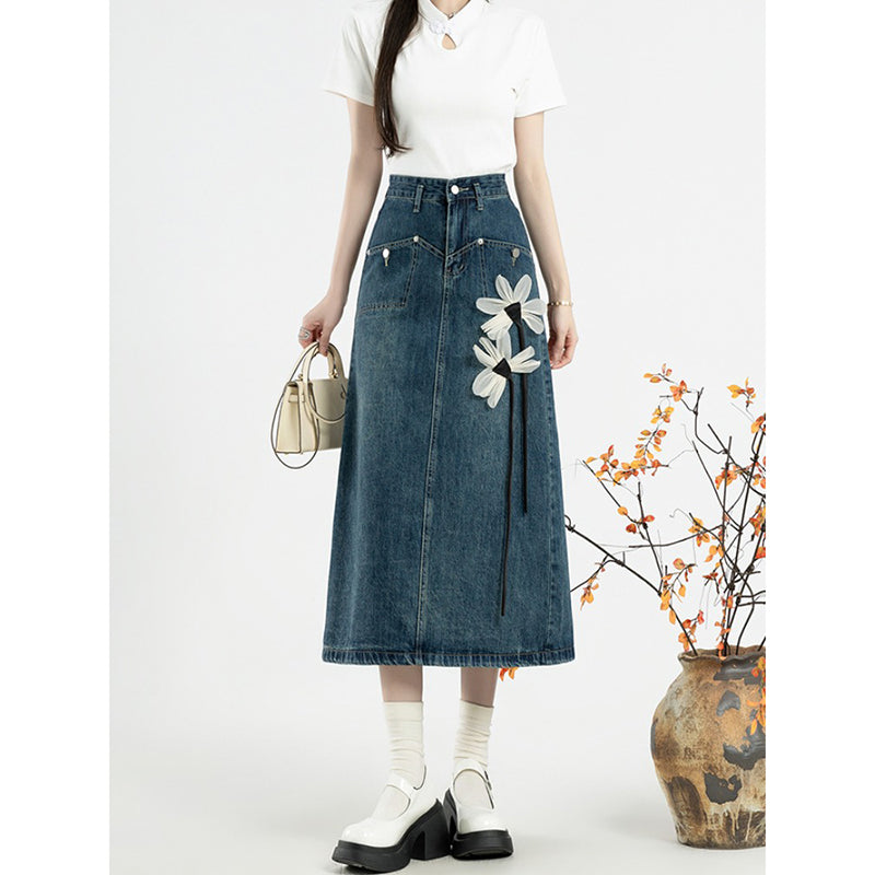 [XIAOMILI Series] ★ Skirt ★ Bottoms Denim skirt Floral pattern Blue Women's Fashionable Easy to match