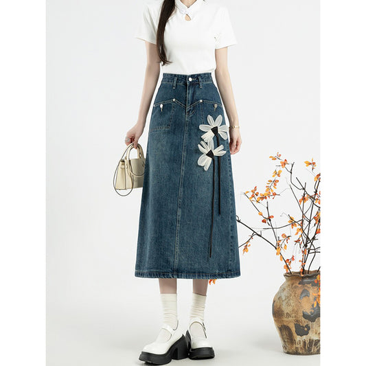 [XIAOMILI Series] ★ Skirt ★ Bottoms Denim skirt Floral pattern Blue Women's Fashionable Easy to match