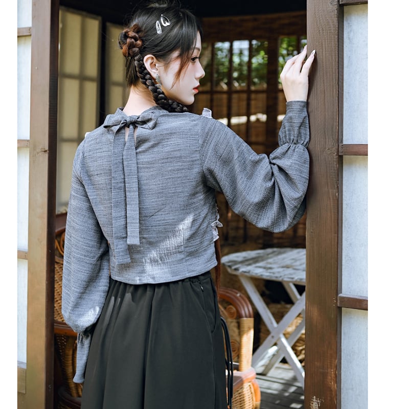 ✿New item! [Old Monster---Vari Series] ★China style top★ T-shirt with off-the-shoulder design Gray Gray