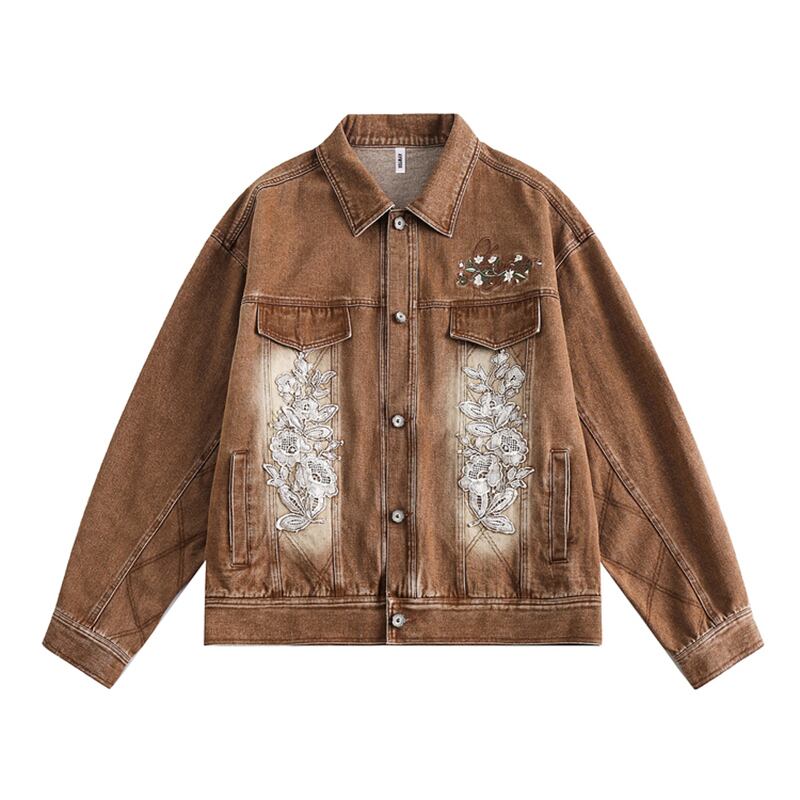 ✿New item! [SOLDOUT Series]★Denim Jacket★ Embroidery Floral Pattern Outerwear Switching Unisex Men's Design Retro Brown