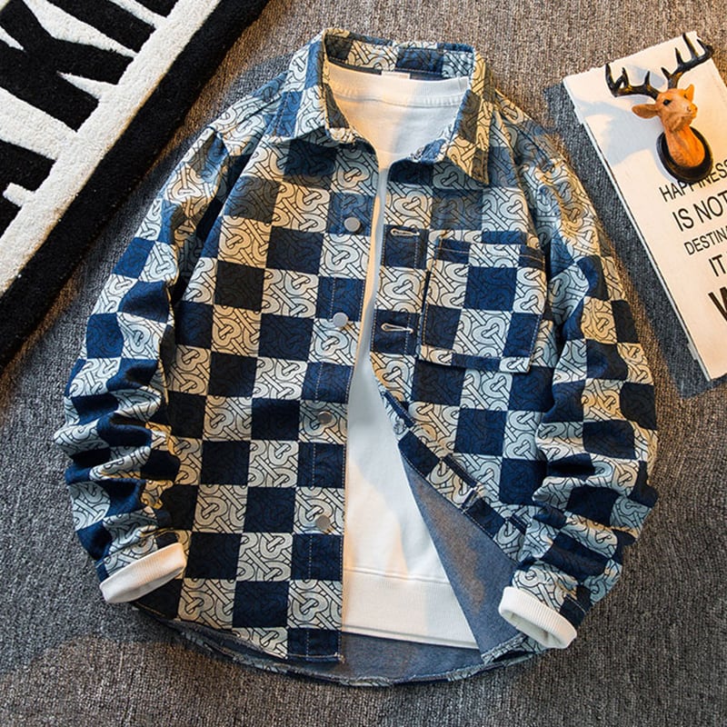 [HPCP Series]★Jacket★ Outerwear Unisex Men's Casual Plaid Pattern Blue Blue