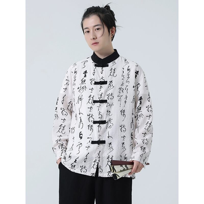 [YISHUO Series] ★China style shirt★ Long sleeve shirt Letter pattern Unisex Men's Large size Improved Tang suit Retro