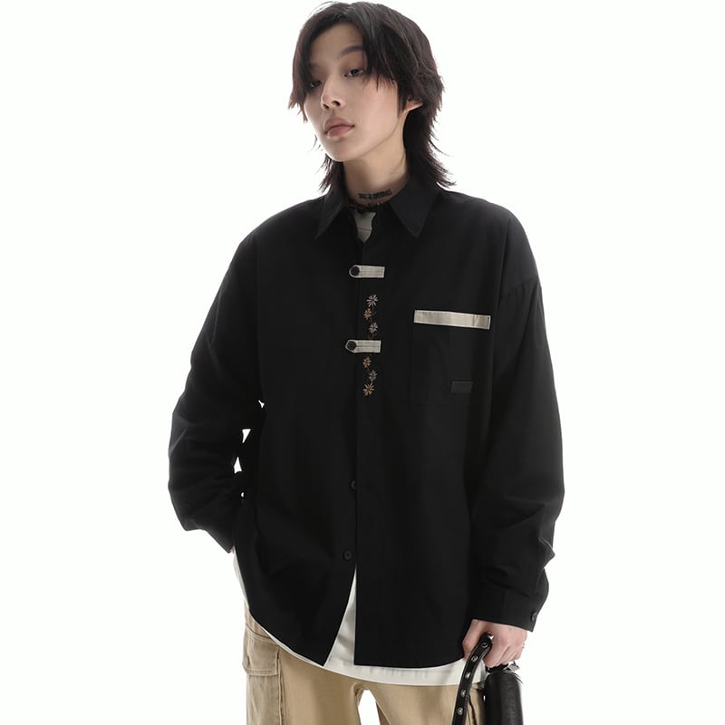 [SAMEUOO Series]★Shirt★ 2color Embroidery Long Sleeve Shirt Tops Unisex Men's Apricot Black