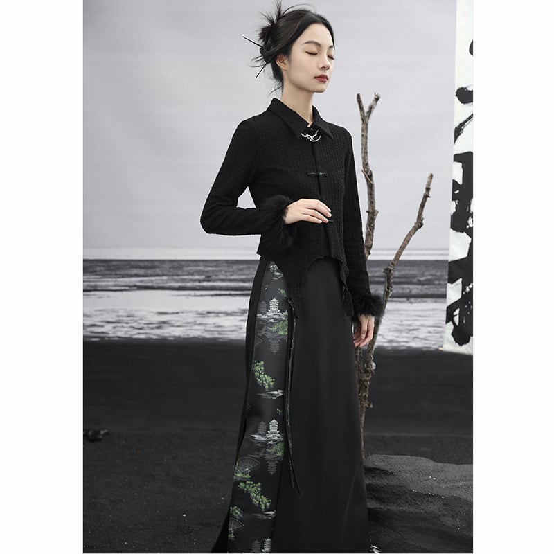 ✿New item! [Da Qinglong Shu Series] ★Chinese style skirt★ Bottoms switching black black Hanfu skirt retro