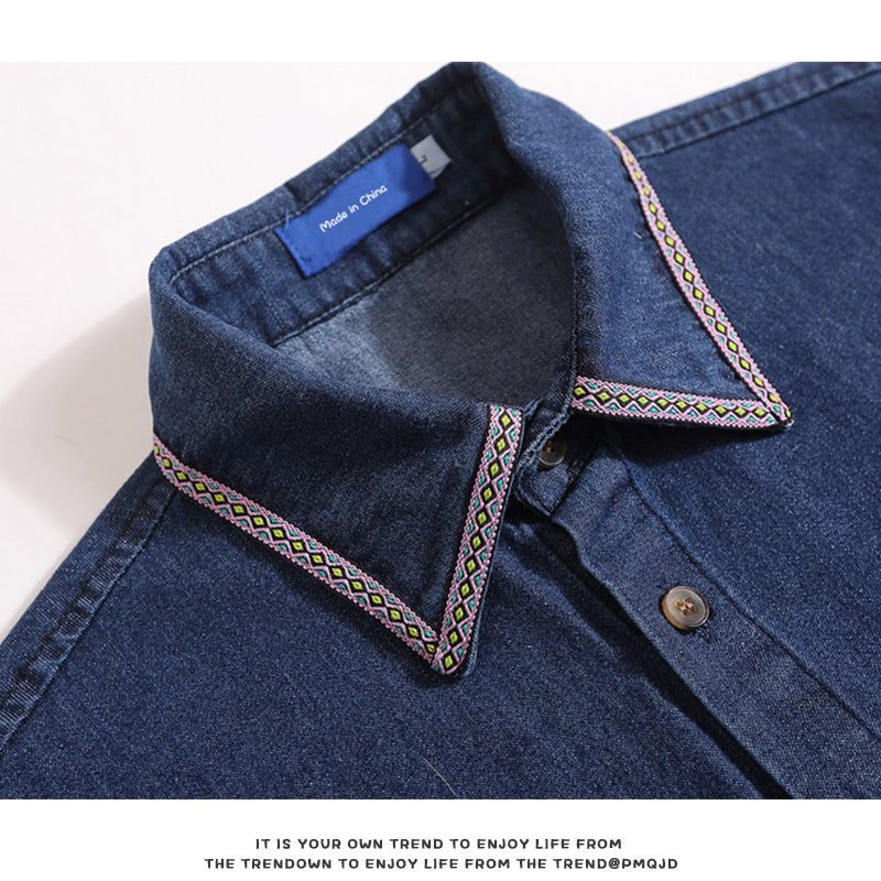 [FANMAN Series] ★Shirt★ Denim shirt, top, short sleeve, embroidery, unisex, men's, women's, blue