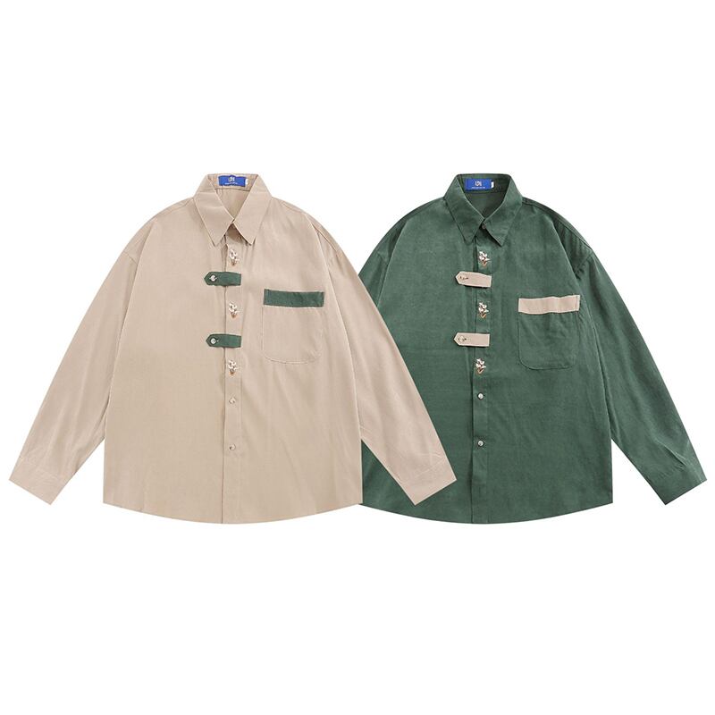 [MOISHE TIDE Series]★Shirt★ 2color Long Sleeve Shirt Tops Embroidery Unisex Men's Green Apricot