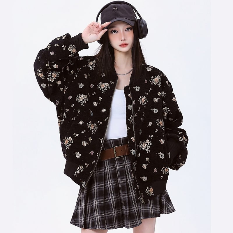 [Fleeing Earth Series]★Jacket★ 2color Outerwear Black Apricot Floral Pattern Ladies Cute