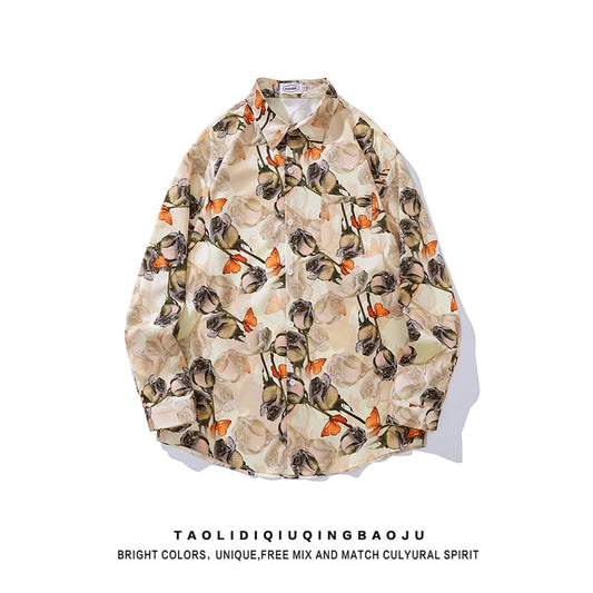 [MOISHE TIDE Series]★Shirt★ Tops, long sleeve shirt, floral pattern shirt, unisex, men's, casual, retro