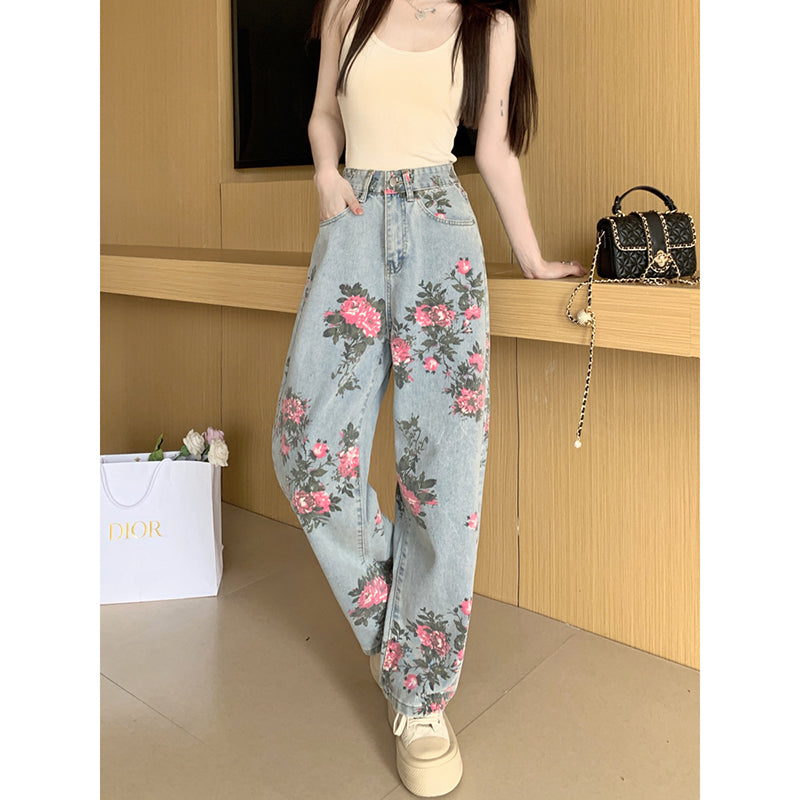 [WANAI Series] ★Denim pants★ Floral pattern pants Bottoms Casual Ladies Retro Print