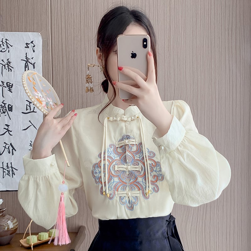 [Rin Le Series]★China-style tops★China-style shirt, women's, fringe, embroidery, cute, long-sleeved shirt