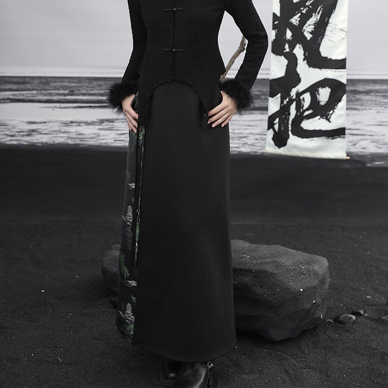 ✿New item! [Da Qinglong Shu Series] ★Chinese style skirt★ Bottoms switching black black Hanfu skirt retro