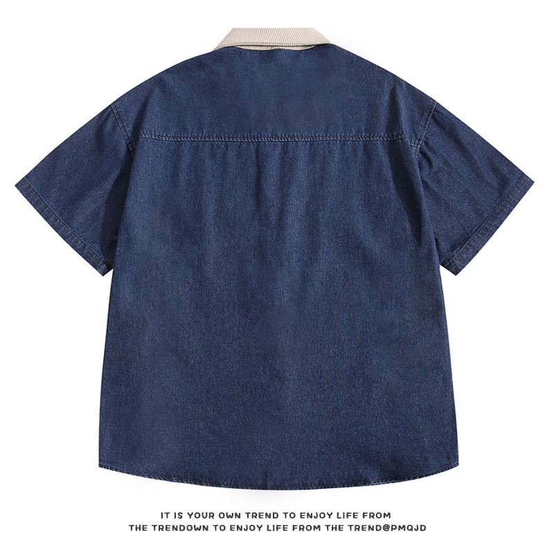 [FANMAN Series] ★Shirt★ Tops, Short Sleeve, Denim, Unisex, Men's, Cartoon, Casual, Blue