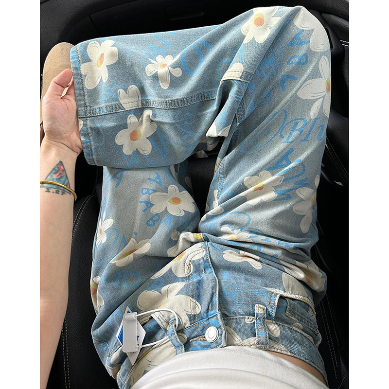 [OURI Series] ★Denim pants★ Trousers Bottoms Floral pattern Casual Easy to match Ladies Fashionable