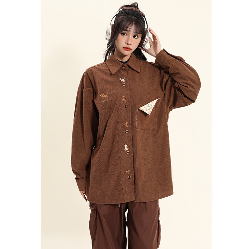 [YOYO Series]★Shirt★ 2color long sleeve shirt corduroy unisex men's cartoon apricot coffee color