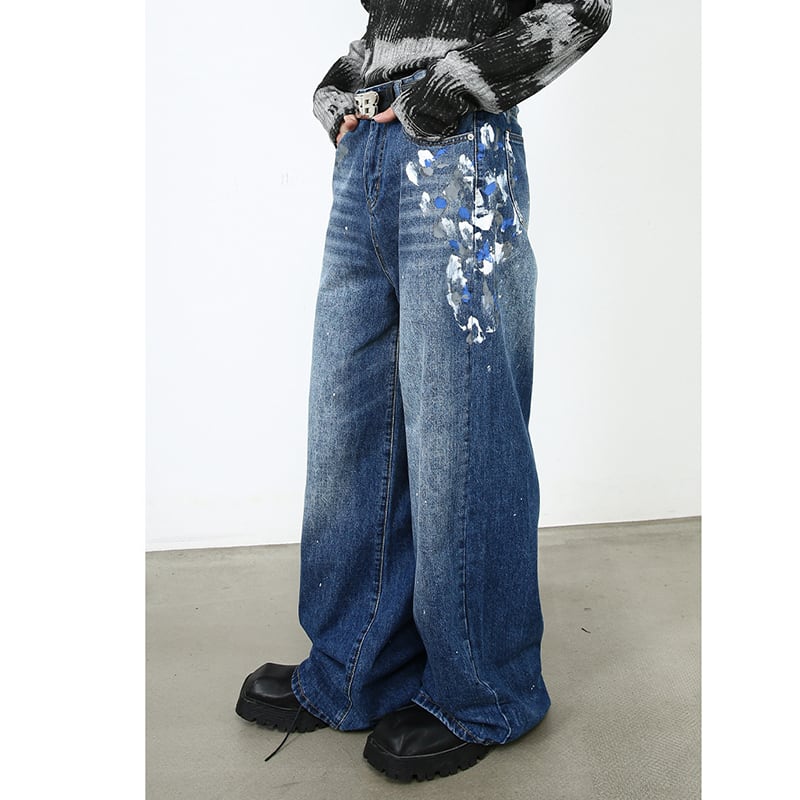 [M7 Series]★Denim Pants★ 2color Pants Bottoms Unisex Men's Graffiti Print Black Blue