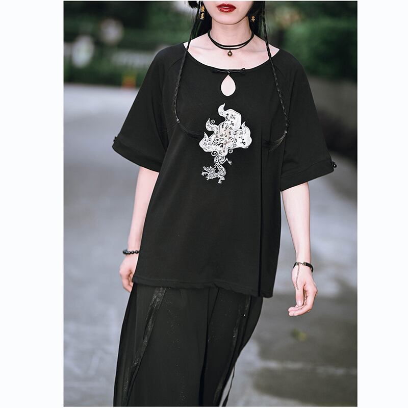 [Kokaisha --- Kirin Series] ★China style top★ T-shirt embroidered cotton Easy to match Black Black