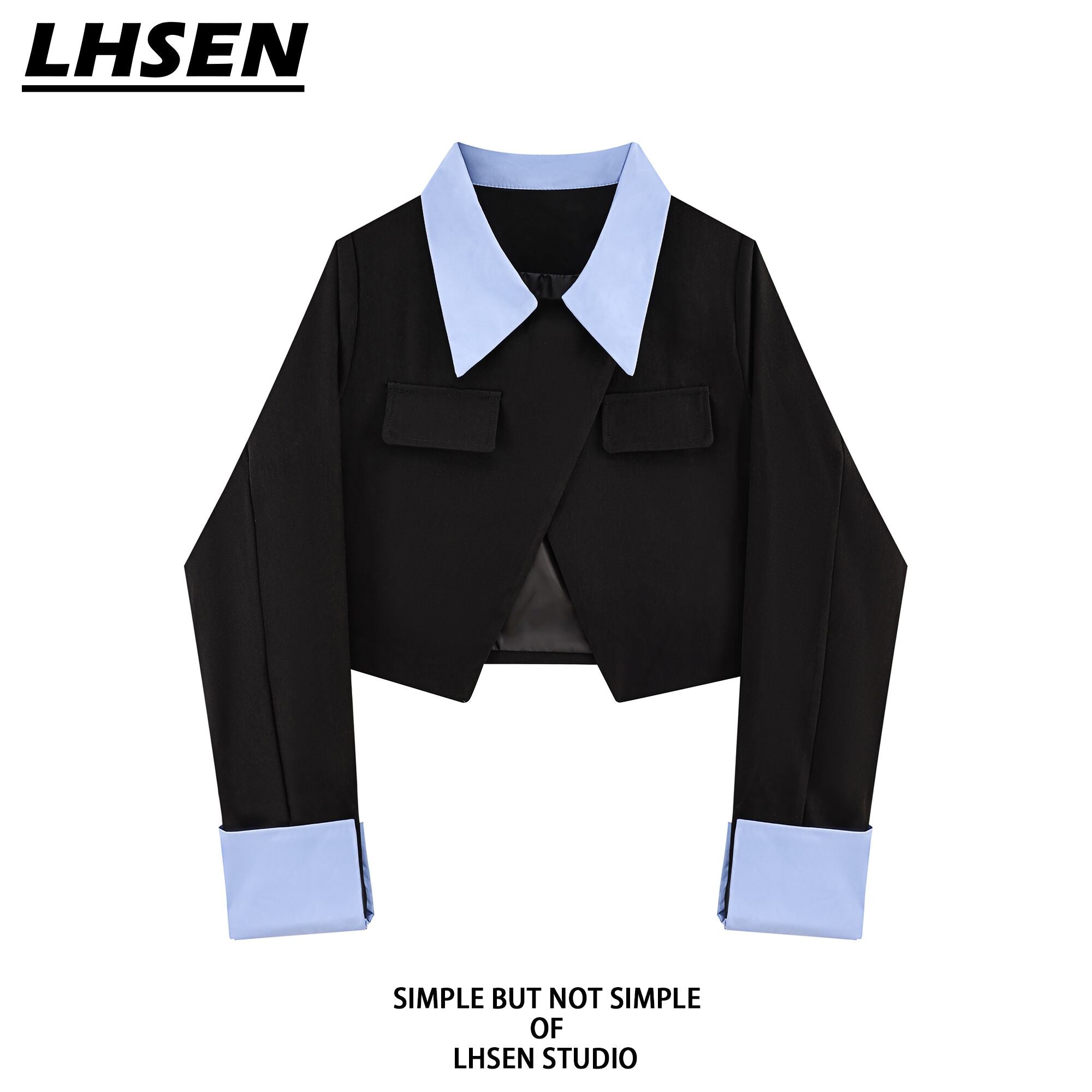 [LHSEN Series]★Outer★ Blazer Ladies Mini Length Faux Layered Black Black