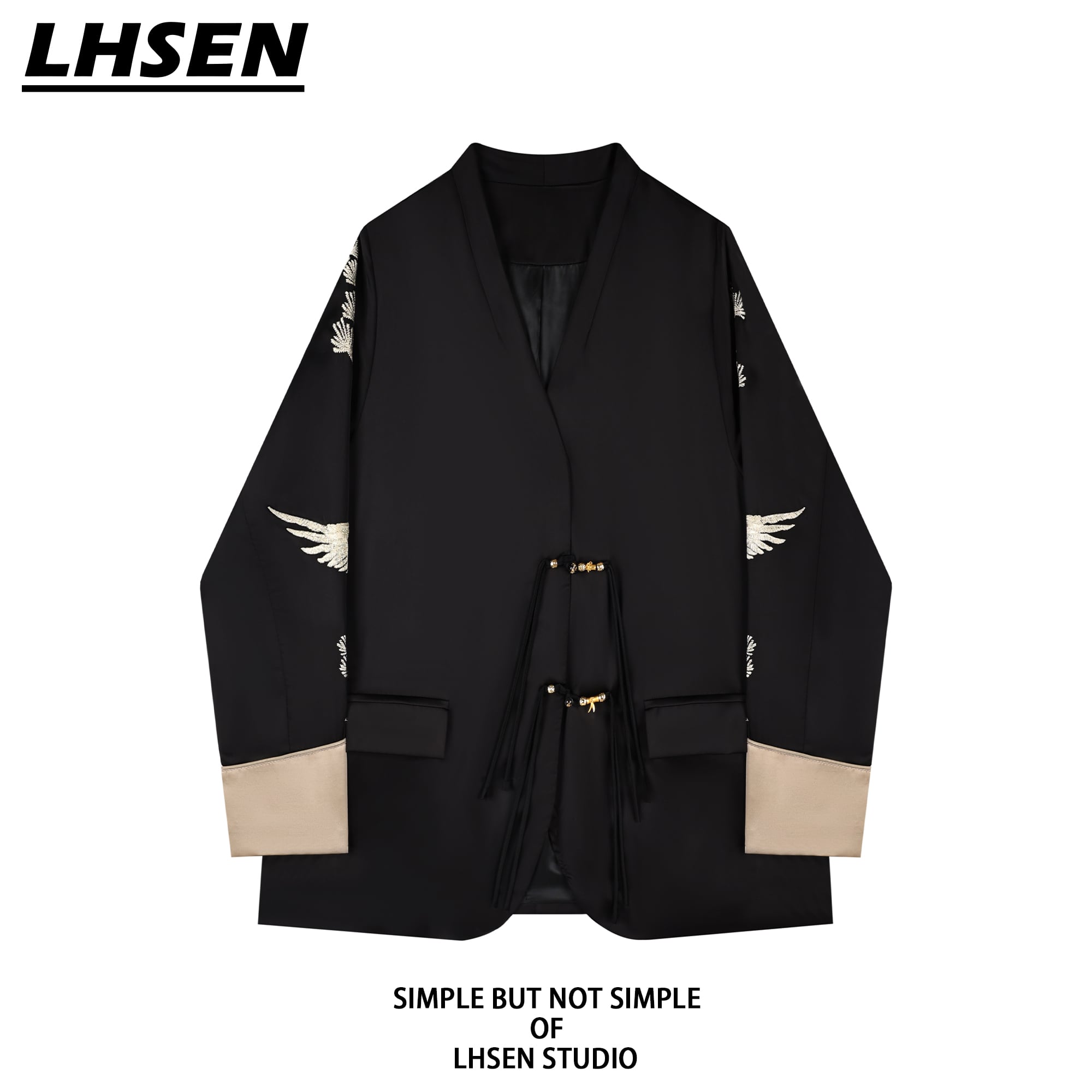 [LHSEN Series] ★China style outerwear★ Blazer Casual V-neck Easy to match Black Black Designed