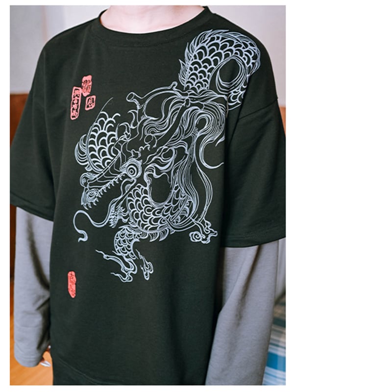 ✿New item! [Old Monster --- Cloudflies Series] ★China style tops★ T-shirt fake layered dragon dragon crest unique