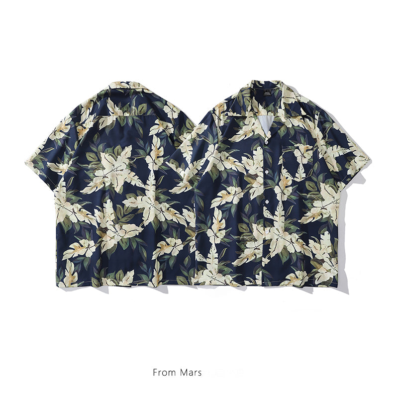 [HTTAOSUP Series] ★Shirt★ Tops, short sleeves, unisex, men's, floral pattern, blue, summer clothing, aloha shirt