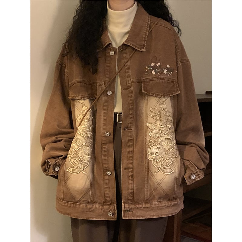 ✿New item! [SOLDOUT Series]★Denim Jacket★ Embroidery Floral Pattern Outerwear Switching Unisex Men's Design Retro Brown