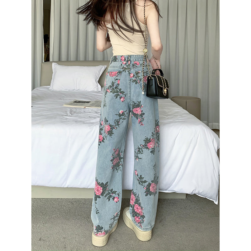 [WANAI Series] ★Denim pants★ Floral pattern pants Bottoms Casual Ladies Retro Print