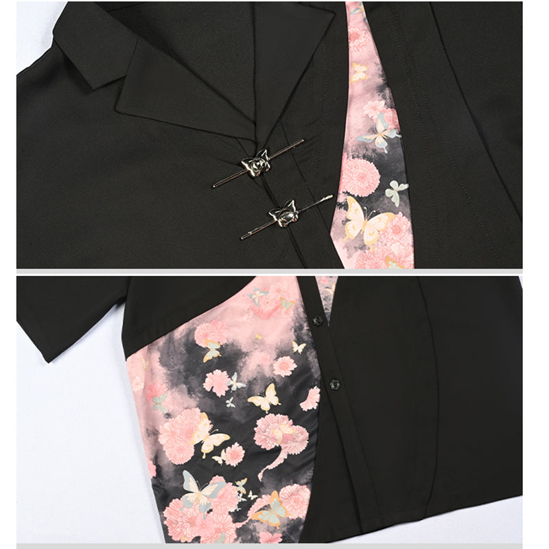 [Kokaisha---Butterfly Gin Series] Chinese-style top, short-sleeved shirt, unique, original design, switching, floral pattern