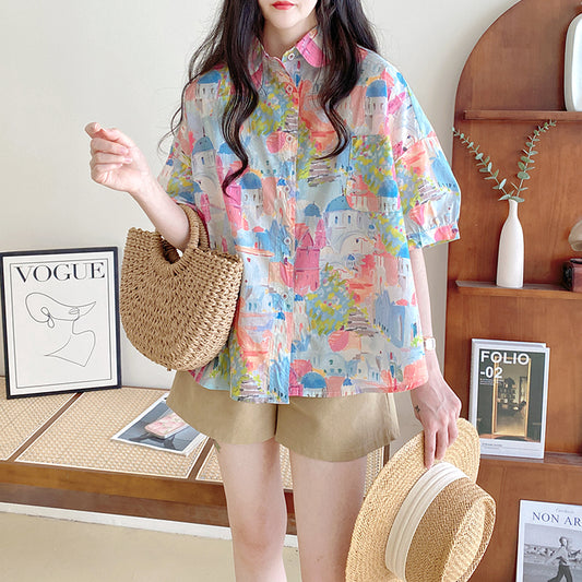 [XUELI series] ★ Tops ★ Shirts 2 colors Women's Improve your style Stylish Floral Oil painting style Cute