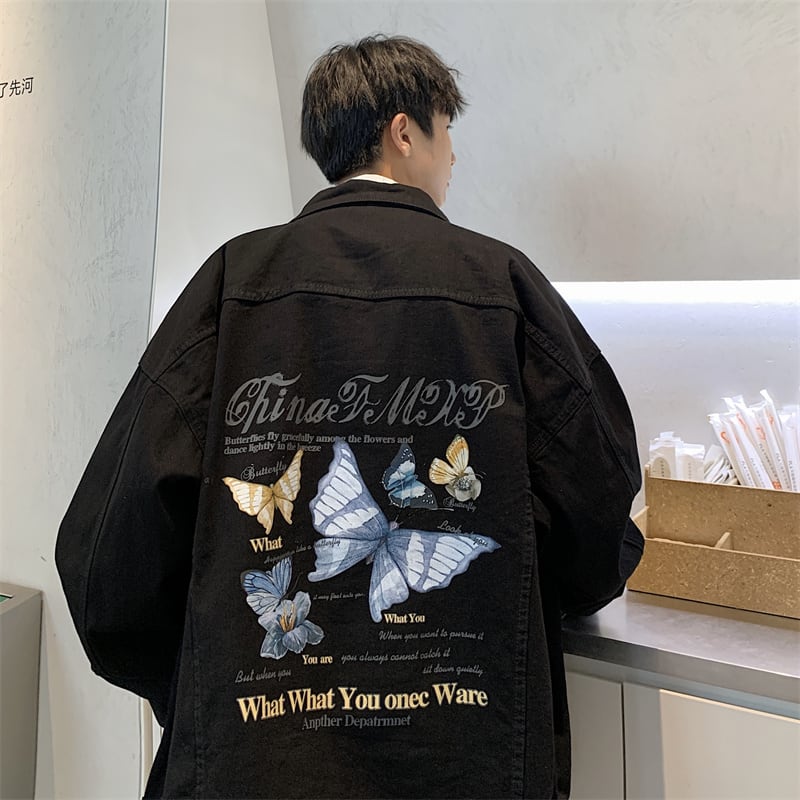 [V37 series]★Jacket★ 3color outerwear unisex men's denim jacket jeans butterfly print blue black