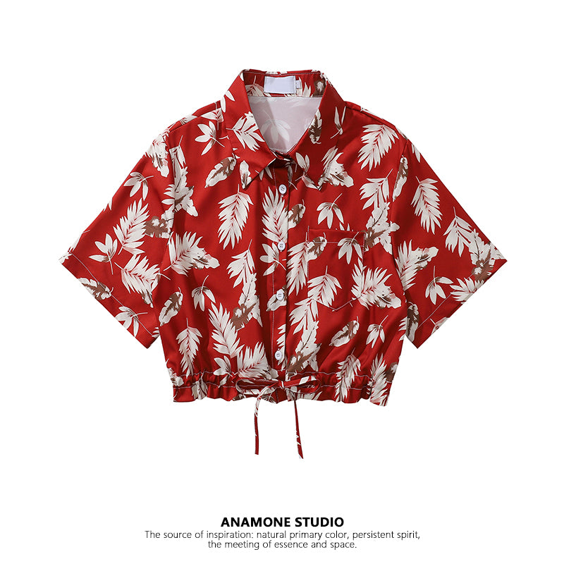 【ANAMONE STUDIOシリーズ】★花柄シャツ★ トップス 半袖シャツ S M L ショート丈 レディース レッド 赤い 夏服