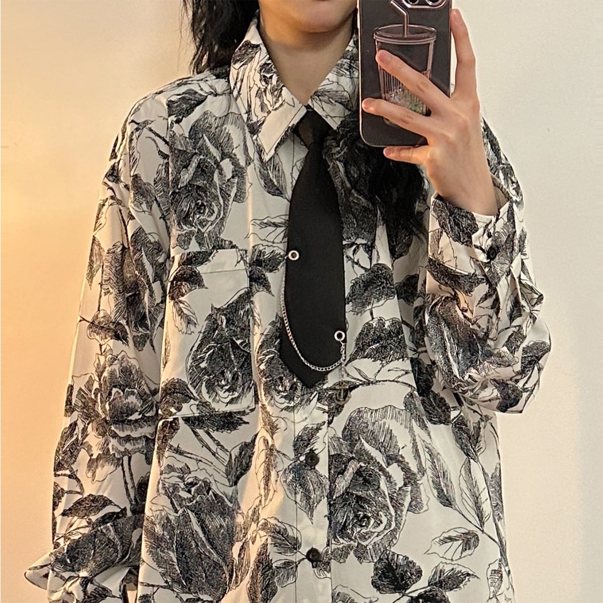 ✿New item! [UATONLINE Series]★Shirt★ 2color Shirt with tie, long sleeve shirt, floral pattern tops, unisex, men's print, ink pattern