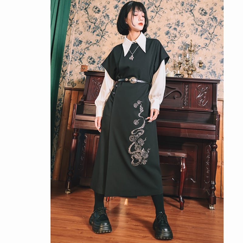 ✿New item! [Old Monster---Tatsuryu Series] ★Chinese style dress★ Sleeveless Hanfu dress Black Black