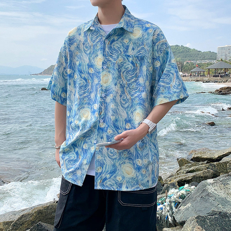 [YUANJI Series] ★Shirt★ Tops, short sleeves, unisex, men's, floral pattern, blue, summer clothing, aloha shirt, oil painting style