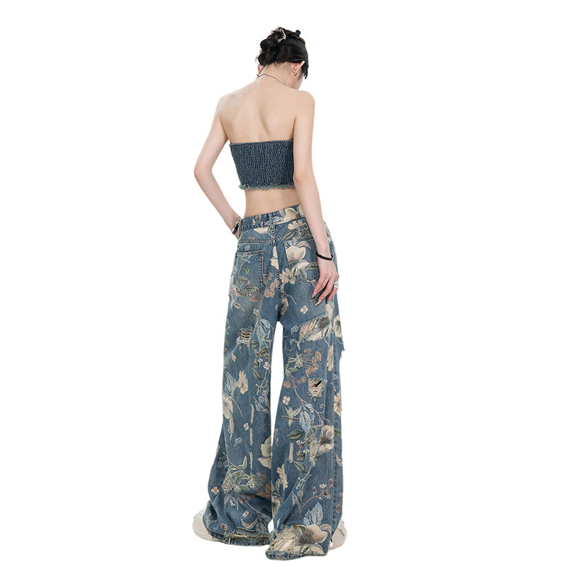 [MZVZ Series] ★Denim pants★ Floral patterned trousers, bottoms, distressed finish, unisex, men's, women's, stylish