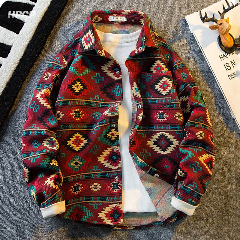 [HPCP Series]★Shirt★ Tops Unisex Men's Casual Ethnic Style Folk Style Shirt Outerwear Red Red