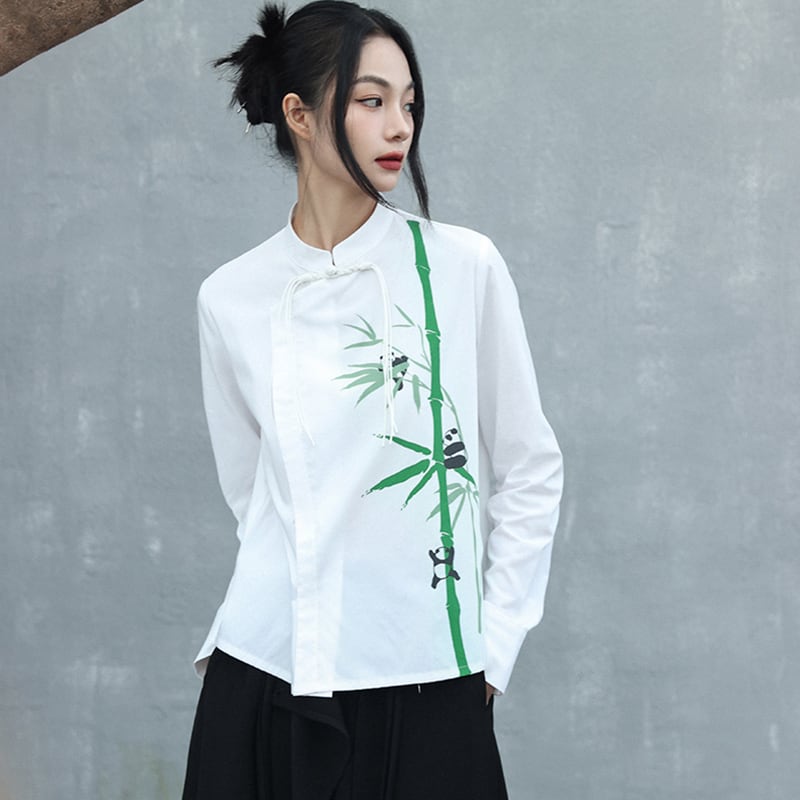 [Da Qinglong Shu Series] ★Chinese style tops★ Shirt, long sleeve shirt, bamboo panda print, white, white