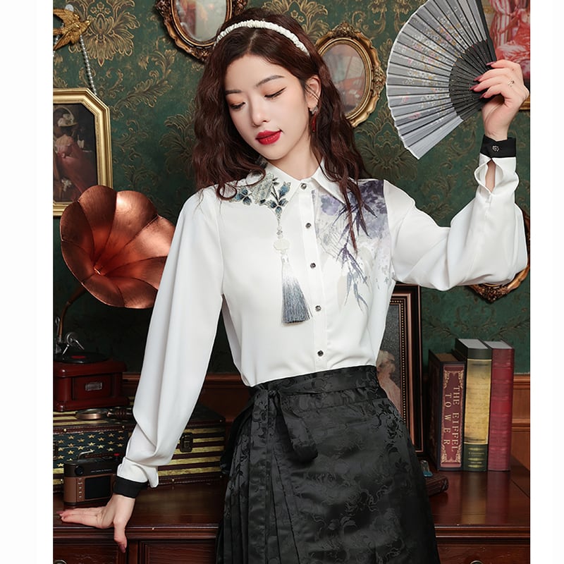 [Misslin Fashion Series]★China style top★ Shirt, long sleeve shirt, ink pattern, ladies, improves temperament, cute