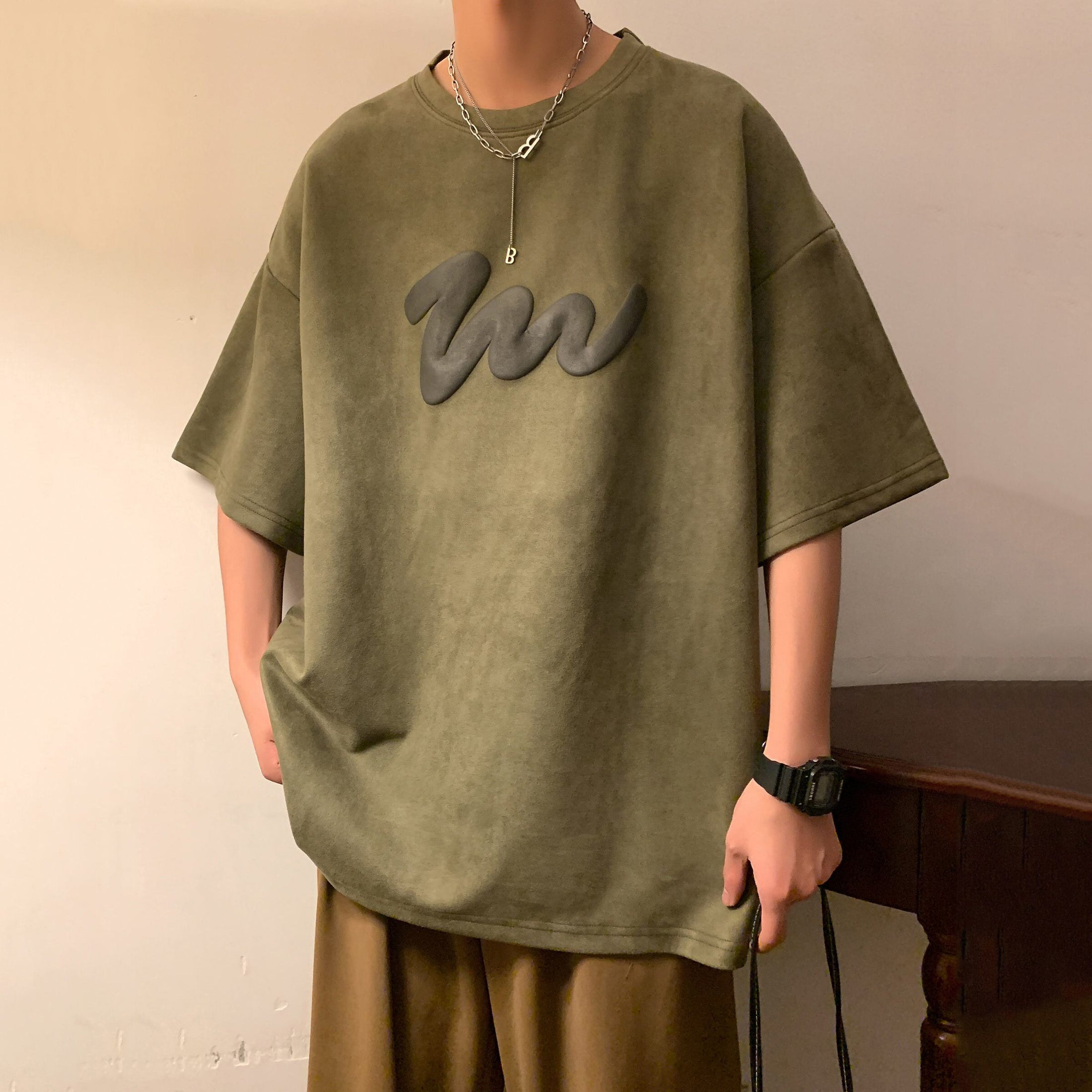 [TUOFEI Series]★T-shirt★ 3color Tops Unisex Men's Short Sleeve Suede Green Black Beige