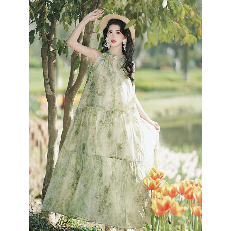 [XIXI Series] ★Chinese-style dress★ Hanging dress, floral pattern, cute, for dates, commuting, weddings, green