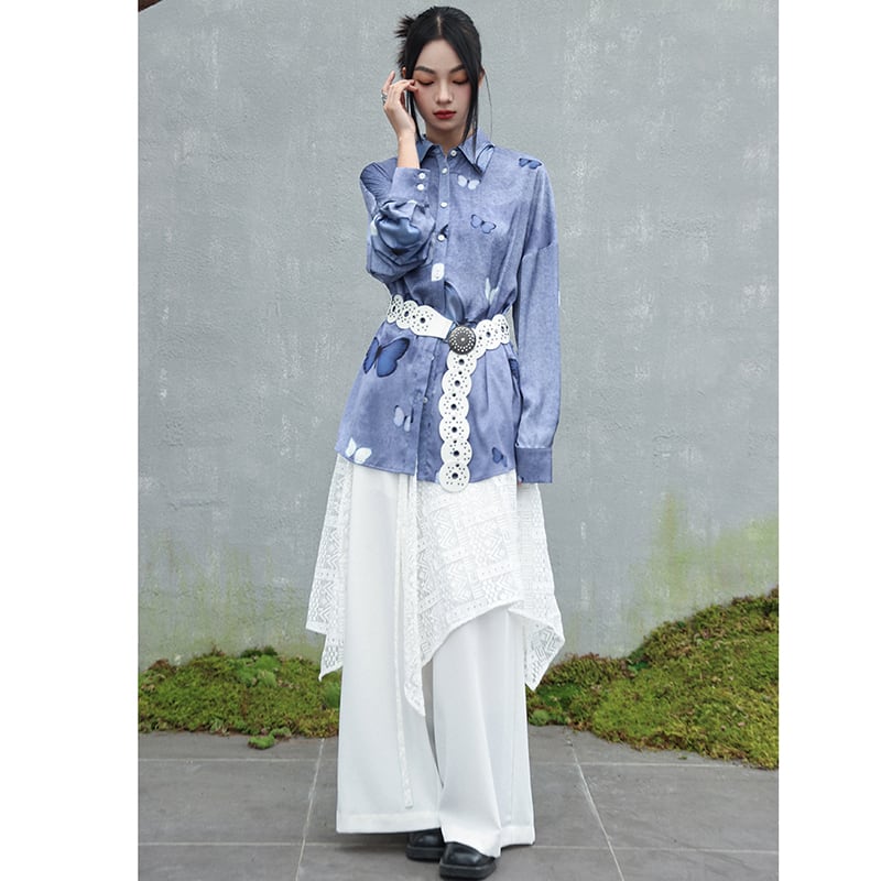 [Big Blue Dragon Series] ★China style tops★ Shirt, long sleeve shirt, butterfly satin blue, blue, cute, unique