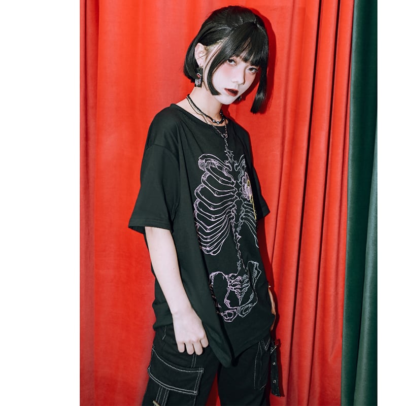 【古怪舍---花骨シリーズ】★チャイナ風トップス★ 2color 半袖 Tシャツ プリント 個性的 オリジナル ブラック ピンク