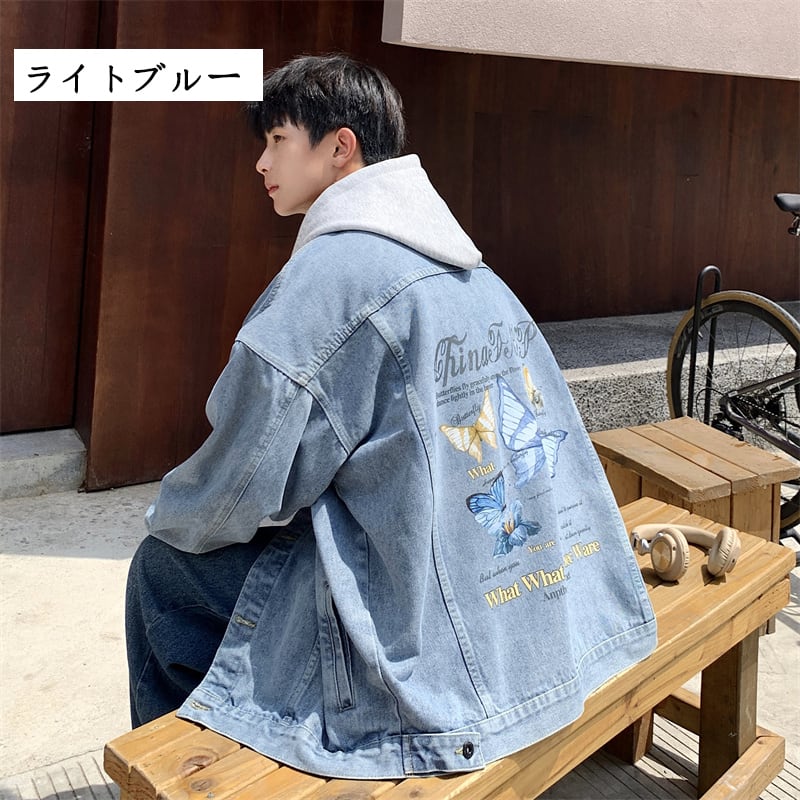 [V37 series]★Jacket★ 3color outerwear unisex men's denim jacket jeans butterfly print blue black